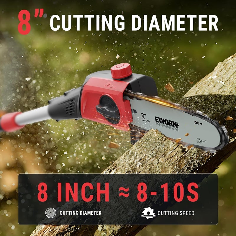 EWORK 20V 8-Inch Cordless Pole Saws for Tree Trimming, Extension Up to 14.2-Ft, Lightweight Only 6.5 Lbs, Auto Oiling Electric Pole Saw Battery Powered with Battery and Charger - EK-TT2008HH - Image 3